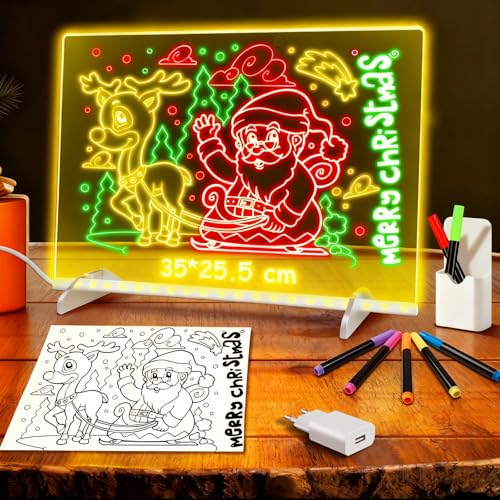 LED Notiztafel mit Farben, Leuchtendes LED Zeichenbrett für Kinder mit 13 Farben & 6 Modi mit Schalter 35x25 cm, inklusive Adapter, Aufhängekette&Ständer, Acryl Notiztafel kreatives Geschenk