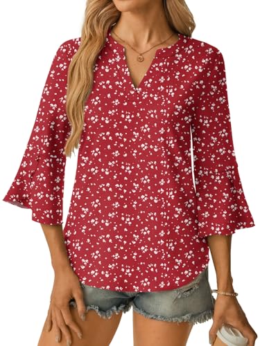 GKBK Women's Blouses Ruffle 3/4 Sleeve Dressy Top V Neck Casual Tunic Blouses Business Shirts Red M — view 2