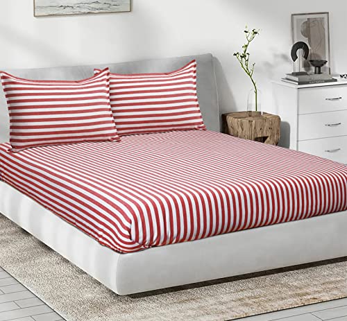 Image of AIRWILL, 200GSM Handloom Cotton Double Bedsheet with 2 Pillow Covers (Candy Stripe Red)