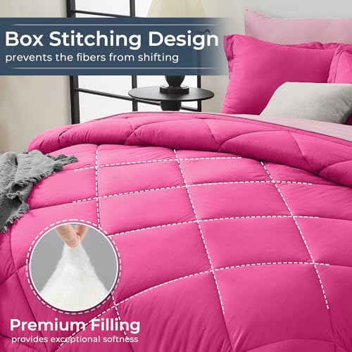 HEVUMYI Hot Pink & Baby Pink Queen Comforter Set - 7-Piece All Season Bed in a Bag Queen, Ultra Soft Bedding Set with Comforter, Flat Sheet, Fitted Sheet, Pillowcases, Pillow Shams