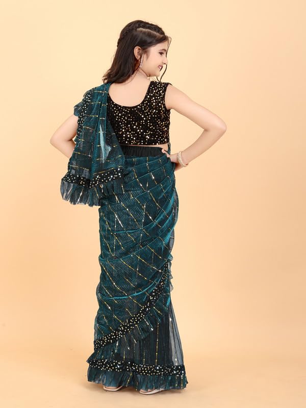 Xavima Kids Supernet Tikli Work Ready to Wear Saree with Unstitched Blouse Piece, Traditional Ethnic Saree for Girls, Cultural Festival Outfit with Ready Drape | Green | Size: 6-7 Y 2