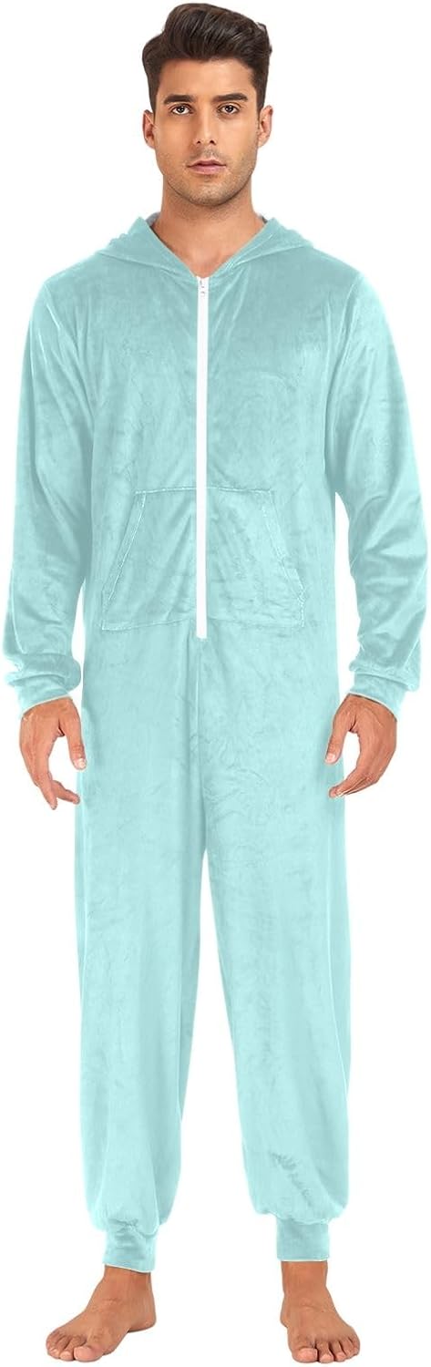 GAIREG Pale Turquoise Adult Onesie Pajamas, Soft Hooded One Piece Sleepwear for Men Women