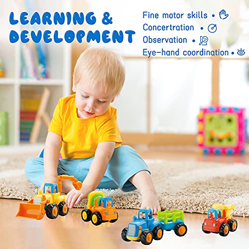 4 Pack Friction Powered Cars Set, Educational Vehicles Toy Gifts For Kids Toddler Baby 1 2 3 Year Old, Push And Go Bulldozer Tractor Dumper Cement Mixer Engineering Trucks Toys For Boys Girls Birthday #TOP2
