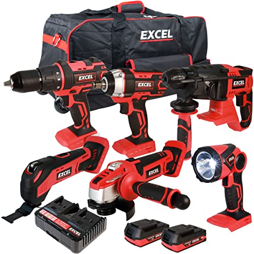Excel 18V Li-ion 6 Piece Cordless Power Tool Kit with 2 x 2.0Ah Batteries EXL10175- Monster Power Tool Kit- Combo Kit- 18V Cordless Power Tool Kits- Mega Power Tool- Excel kit