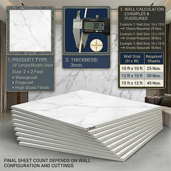 Image of White Grey Vein Marble UV Self Adhesive Wall Panels, 60 x 60 cm, Pack of 16
