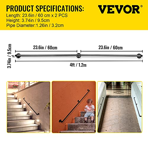 Vevor Pipe Stair Handrail, 4Ft Staircase Handrail, 440Lbs Load Capacity Carbon Steel Pipe Handrail, Industrial Pipe Handrail With Wall Mount Support, Round Corner Wall Handrailings For Indoor, Outdoor #TOP6