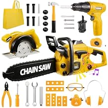 Vextronic Kids Tool Set 37 PCS with Electric Toy Chainsaw Drill Circular Saw with Realistic Sounds, Toy Tool Set for Toddlers 3 4 5 6 7 8, Pretend Play Kids Power Tools Kit Gift for Boys Girls Yellow