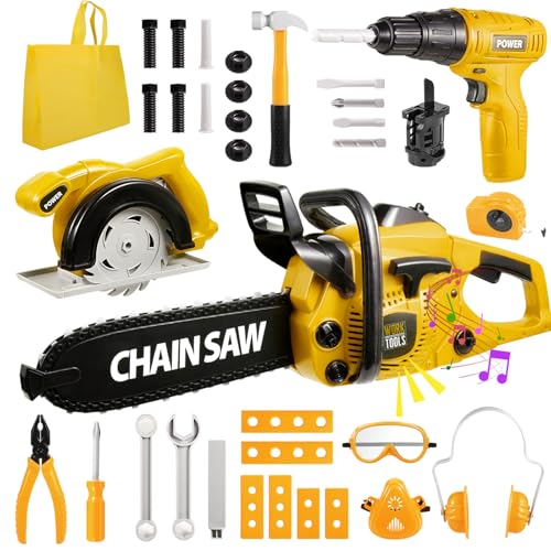 Vextronic 37 PCS Kids Tool Set with Electric Toy Chainsaw, Drill & Safety Gear