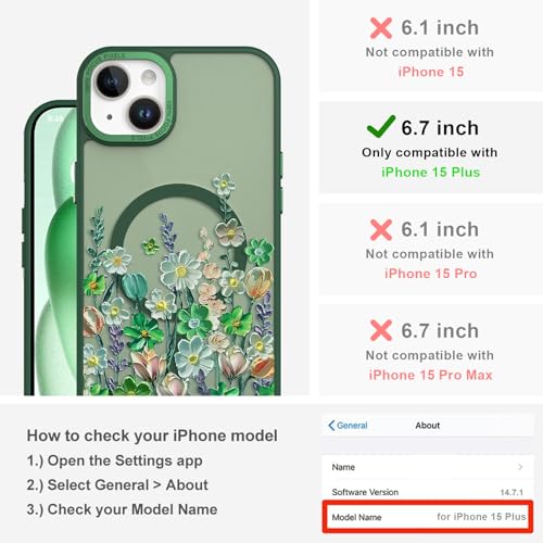 Image of Magnetic for iPhone 15 Plus Case with for Women, Green Floral | Pretty Oil Painting Flower Pattern Design [Compatible with MagSafe] Shockproof Slim Translucent Matte Non-Slip Cover