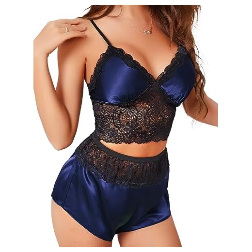Melelly Conjunto de pijama feminino, conjunto de lingerie e shorts com acabamento em renda, conjunto de pijama curto, Azul, XXG
