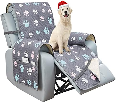 BOCTOPUG Recliner Chair Cover 30 Inches Sofa Slipcover Waterproof Large Recliner Slipcover Reversible Sofa Cover Water Resistant Couch Cover for Dogs Pets (Recliner 30", Grey+Colorful Paw)