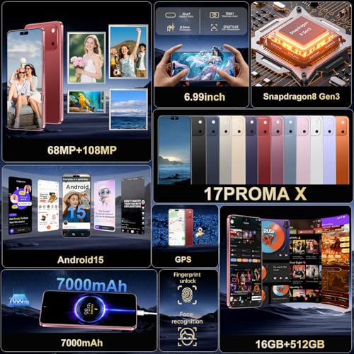 Image of Ecshock 17PM Unlocked Phone | Cell Phone Android 15.0 | 16+512GB Smartphone| 6.99 inch HD Display | Long Battery Life 7000mAh | 68+108MP Zoom Camera| Fingerprint Lock | with Dual SIM (Wine Red)