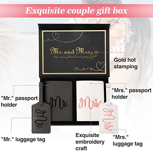 Mr. and Mrs. Luggage Tags and Passport Holder Set - Bridal Shower Gifts with 2 Passport Leather Covers, Wedding Honeymoon Travel Essentials for Bride & Groom Couples (2 Sets, Embroidery Style)3