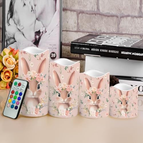 Image of Cute Bunny Pink Floral Plastic Flameless Candles with Remote Control and Timer LED Flickering Battery Operated Color Changing Electric Pillar Candles Easter Decoration