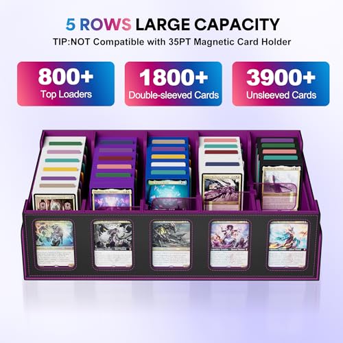 Image of UAONO Trading Card Storage Box with Commander Display;3900+ Card Box for MTG, Removable Cover; 5 Row Case fits MTG TCG Sports Cards 48 Dividers,5 Stoppers,5 Top Loaders,1 Dice Box(Black, Purple)