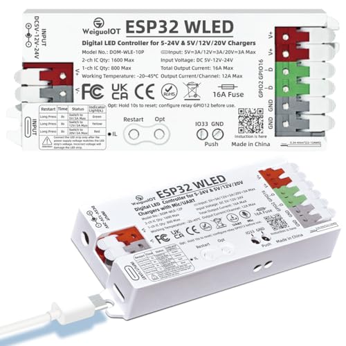 WeiguoIOT ESP32 WLED Controller Digitaler LED Streifen Controller USB-C 5-24V 16A Max App Steuerung für Adressierbare Streifen WS2811 WS2812 SK6812 TM1814 WS2813 WS2815 (10P)