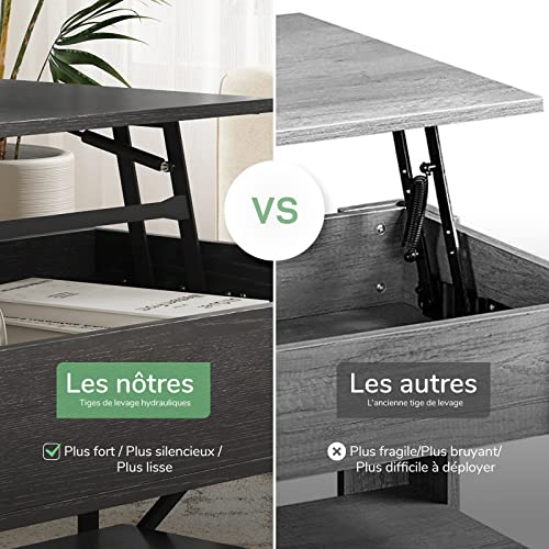 Novilla Table Basse de Salon avec Plateau Relevable, Compartiment Caché, Grande Capacité de Rangement, Table de Salon et Salle à Manger, Design en W, Style Industriel, Métal, 102×52×42cm, Noir - Image 8