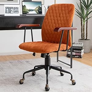 Giantex Home Office Desk Chair Orange, Vintage Adjustable Swivel Rolling Chair with Copper Wheels & Armrest, Mid Century Leisure Chair, Velvet Upholstered Computer Chair for Work, Study Giantex Home Office Desk Chair Orange Vintage Adjustable Swivel Rolling Chair with Copper Wheels Armrest Mid Century Leisure Chair Velvet Upholstered Computer Chair for Work Study