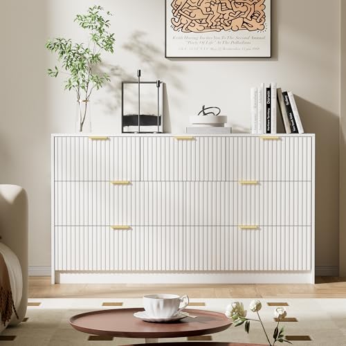 Image of Furniway White 7 Drawer Dresser for Bedroom, 55.1 inch Wide Fluted Wood Dresser