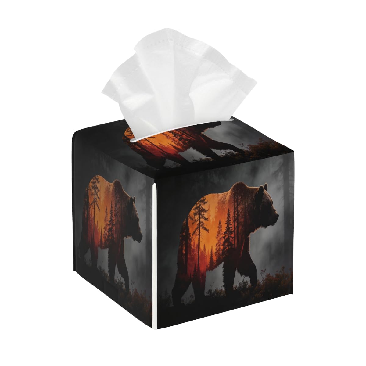 Tissue Box Cover Square Pu Leather Tissue Box Holder Waterproof Paper Organizer Dispenser for Bathroom Kitchen Bedroom Car Office Forest Bears
