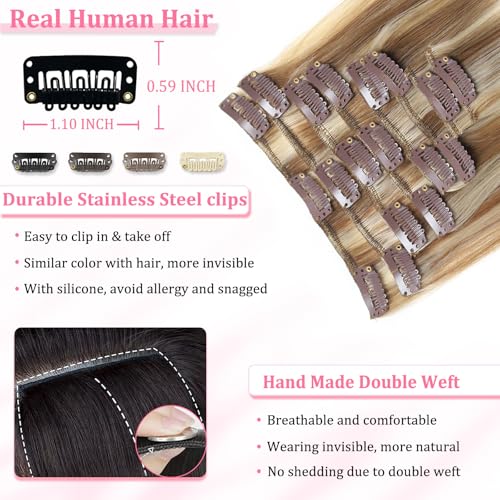 Image of Clip in Hair Extensions Real Human Hair Light Blonde Highlight for Women | Seamless Balayage 100% Human hair Clip ins Extensions for Women Invisible Straight 8Pcs Remy Double Weft Silky,18inch 100g