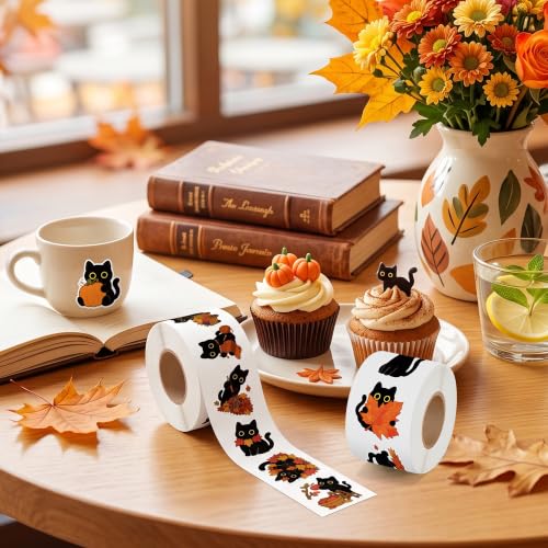 Image of Fall Pumpkin Cat Stickers, 1000Pcs Kawaii Black Cat Animal 2 Rolls