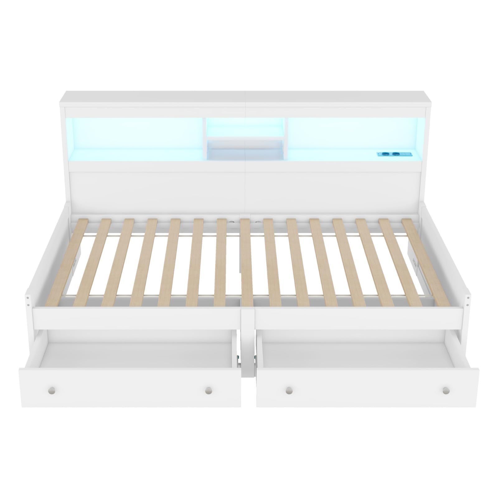 KOMHTOM 90x200cm Lit de Jour avec Lit Extensible, Canapé-lit avec 2 Prises USB et 2 Prises de Recharge, Lit LED avec 2 Tiroirs de Rangement(sans Matelas) (Blanc)