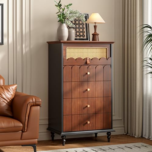 Lamohome Vintage Wooden Storage Unit with Solid Wood Drawer Fronts and Rattan Accent, 5-Drawer Chest of Drawers for Living Room, Bedroom