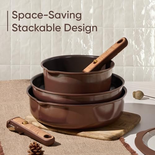 Image of CAROTE Pots and Pans Set, Ceramic Cookware Set Non Stick with Detachable Handle, RV Kitchen Cooking Set, Induction & Oven Safe, Non-Toxic, PFAS and PFOA Free, Dark Choco, 19 Pcs