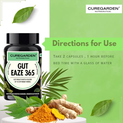 Image of Curegarden Gut Eaze 365 | Probiotic & Prebiotic Gut Health Supplement | 60 Capsules | Supports Digestive Balance, Bloating Relief & Gut Lining | Curcumin + Slippery Elm + Triphala | Natural | Men & Women