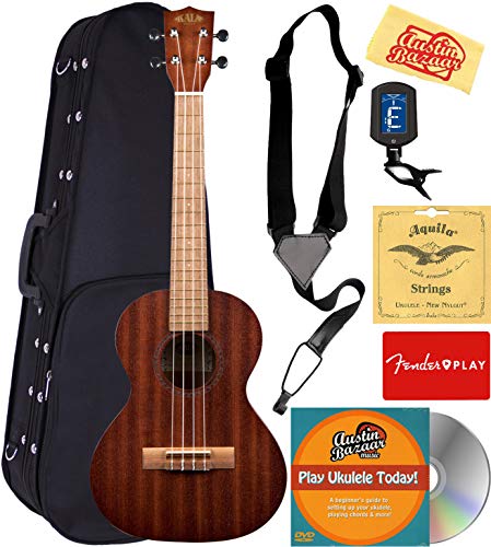 Kala KA-15T Satin Mahogany Tenor Ukulele Bundle with Hard Case, Tuner, Strap, Strings, Fender Play Online Lessons, Austin Bazaar Instructional DVD, and Polishing Cloth