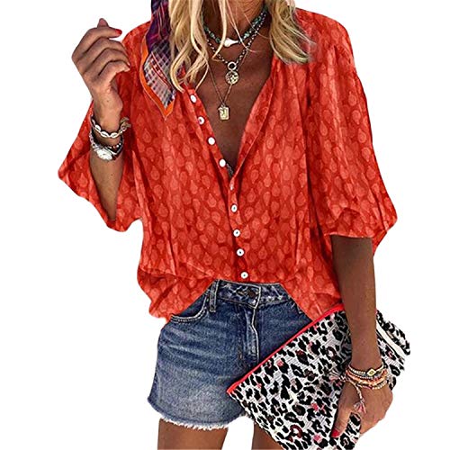 Soluo – Blusa feminina com botão e estampa floral Boho casual de renda solta com manga 3/4 de sino,