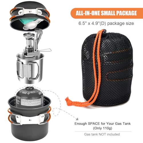 Odoland 8pcs Camping Cookware Mess Kit, Camping Pot and Pan Set with Mini Backpacking Stove, Stainless Steel Cup, Spork and Tank Bracket, Cooking Gear for Outdoor, Hiking, Picnic, Campfire - Image 2