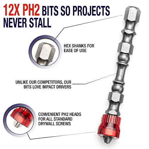 Magnetic Drywall Screw Setter Bit Set (PREMIUM 12pc SET) /w Storage Case and Bit Holder - Impact Ready Hex Shank Phillips Head PH2 Drill Driver Bits with Magnetic Collars for Drills