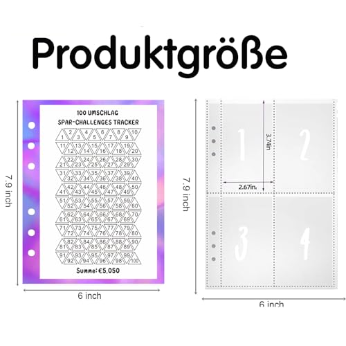 25 Blatt 100 Umschläge Geldspar-Challenge und 100 Tage Sparchallege Tracker A5 Ringbucheinlagen zum Austauschen, Vorbeschriftet 1-100 Geldbeutel zum Cash Stuffing, Budget Planner Deutsch Zubehör