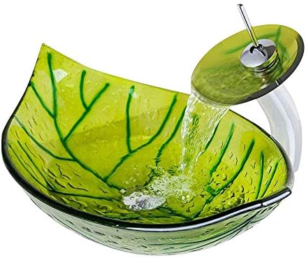Yanksmark Vessel Sinks Combo with Chrome Bathroom Faucet Pop Up Drain Mounting Ring Set Leaf Shape