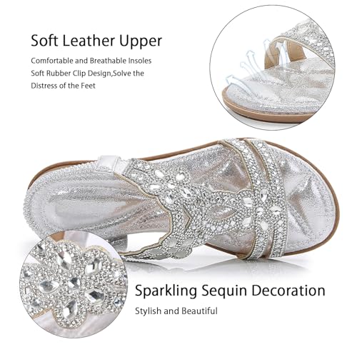 iCKER Women Rhinestone Sandals T-Strap Buckle Bohemian Pearl Crystal Flat Sandals2