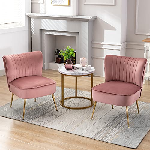 Janoray Velvet Accent Chair Set of 2 Comfy Living Room Chair Armless Slipper Chair Mid Century Side Chair Single Sofa Chair with Golden Legs Wingback for Bedroom Guest Room, Pink