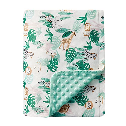 Image of DaysU Silky Micro Soft Plush Baby Blankets for Boys with Print Animal Pattern and Soothing Raised Dots, Double Layer Bed Throws for Baby Crib, Jungle, Green, 30x40 Inches
