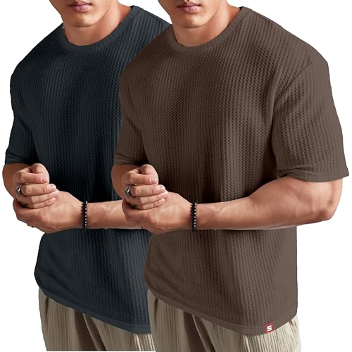 Image of SHODOX Mens Solid Dotted Unique Design Oversized Tshirt for Men - Round Neck Loose Fit Drop Shoulder Mens T-Shirt(Pack of 2)