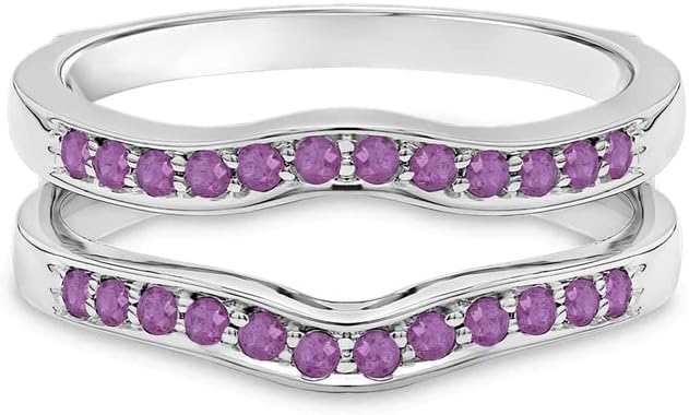 14K Gold Finish Round Cut Purple Amethyst Matching Enhancer Guard Band for Women, 925 Silver Ladies Amethyst Contour Curve Matching Wedding Band