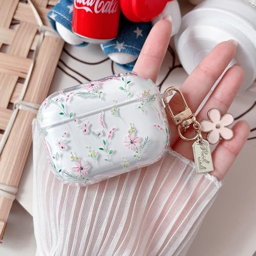 Image of MINSCOSE Compatible with AirPods Pro 3rd Generation Case (2025) with Cleaner Kit, Cute Cartoon Flower Pattern Design with Aesthetic Floral Keychain for Girls Women for AirPods Pro 3-Pink