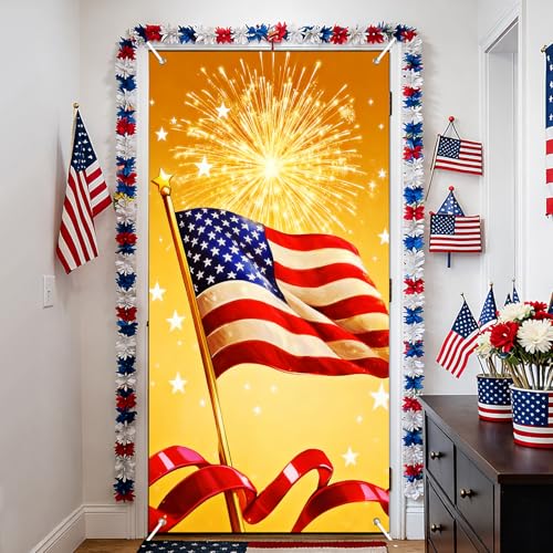 Image of BissYard Patriotic Door Cover 71 x 35 Inches American Flag Fireworks Door Banner Independence Day 4th of July Front Door Decoration Indoor Outdoor Porch USA Holiday Decor