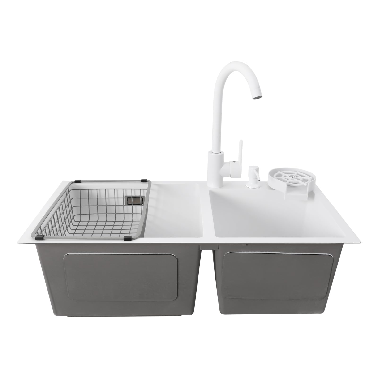 Fregadero blanco moderno rectangular de acero inoxidable 71 x 38 x 21 cm, montaje inferior, grifo giratorio 360°, doble lavabo, dispensador de jabón, escurridor, drenaje rápido