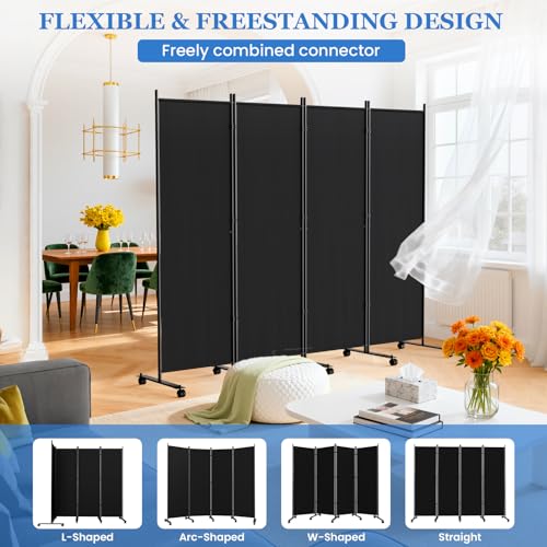 Image of SUNALLY Room Divider 6FT Folding Privacy Screens with Lockable Wheels, 4 Panel Room Partition for Room Separator, 88 inch W Freestanding Portable Fabric Wall Dividers for Home Dorm Studio Office, Black