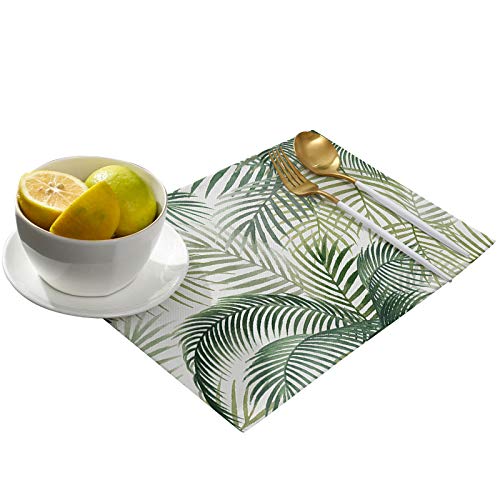 Palm Leaves Placemats For Dining Table Set Of 6, Tropical Palm Tree Summer Green Leaves Jungle Plants Place Mats Heat Insulation Washable Cotton Linen Table Mats For Holiday Party Decorations #TOP5