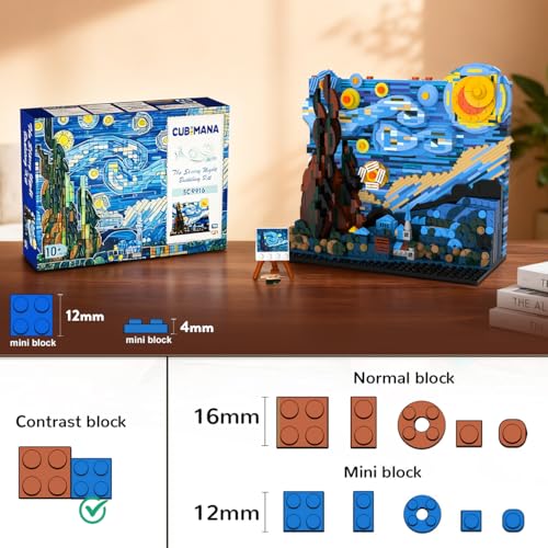 Image of CUBIMANA The Starry Night Building Set with LED Lights - 1501PCS Artwork 3.6MM Mini Blocks Building Sets for Adults, Famous Paintings Architecture Projects Home Art Decor for Men Women
