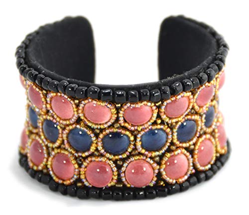 Bracelet rigide ouvert en porcelaine rose bleu perles billes de verre
