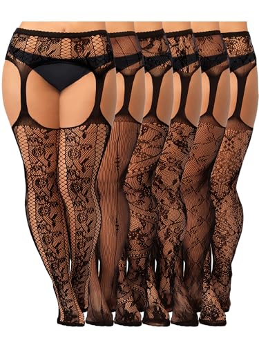 Image of Jadive 6 Pairs Women Plus Size Suspender Tights Fishnet Thigh High Stockings Garter Belt Lingerie Pantyhose