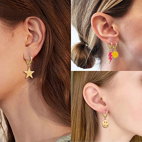 LieToi 9 Pairs Preppy Earrings Pack with Colorful Happy Smile Lightning Bolt Heart Star Charms Pendants Gold Small Huggie Hoop Dangle Earrings Trendy Y2K Preppy Jewelry Gifts for Teens Women4